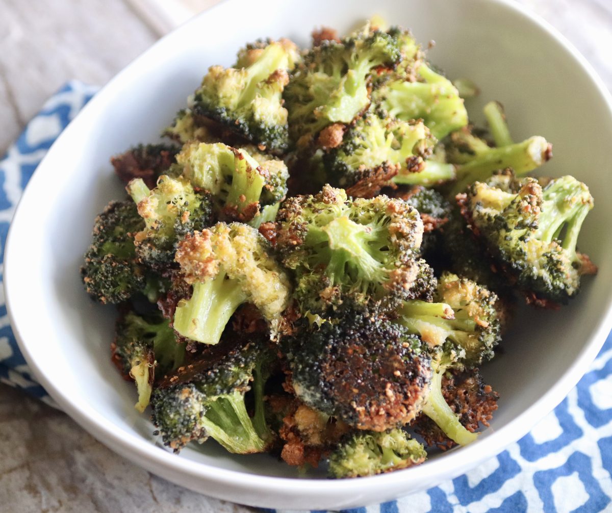 Roasted Parmesan Broccoli in a white bowl