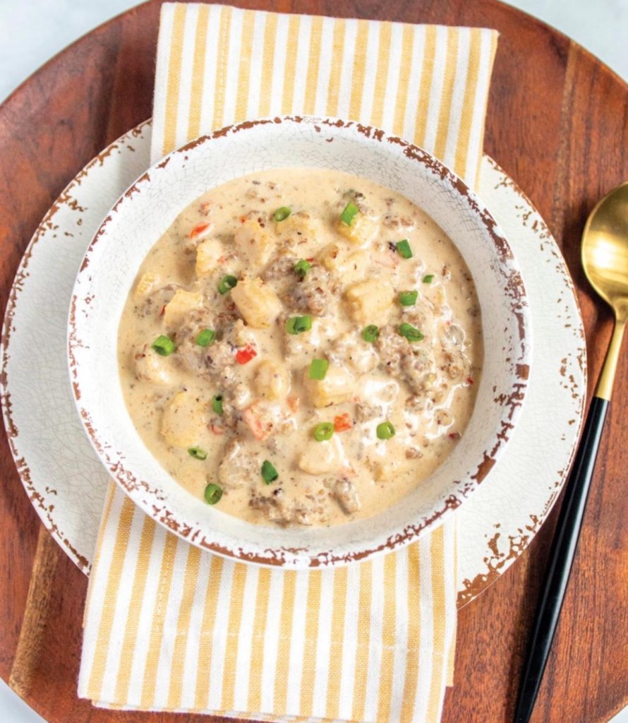 Keto Sausage Corn Chowder is so creamy and delicious!