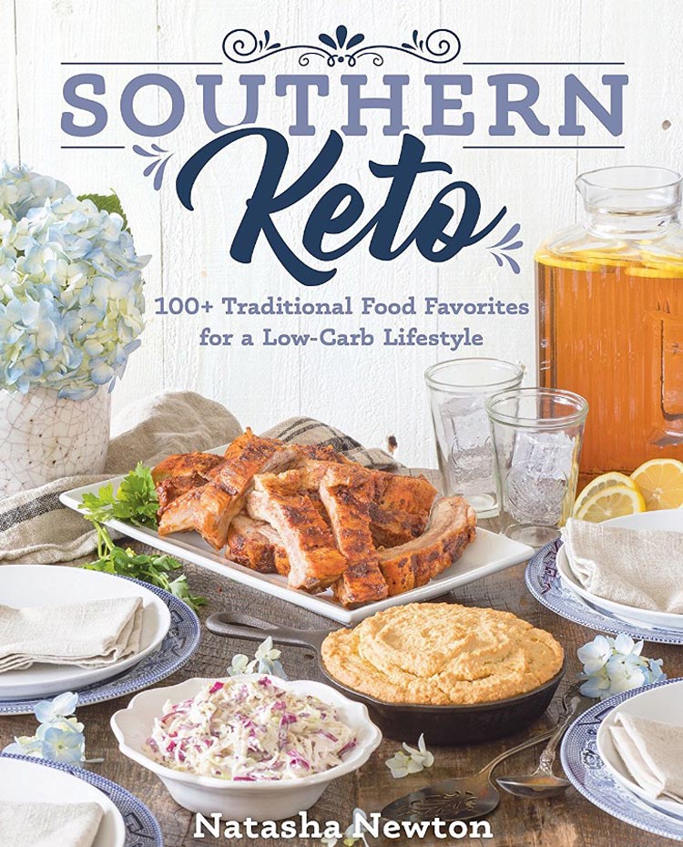 Southern Keto Cookbook cover.  Ribs, coleslaw, tea and cornbread are featured on the cover.  