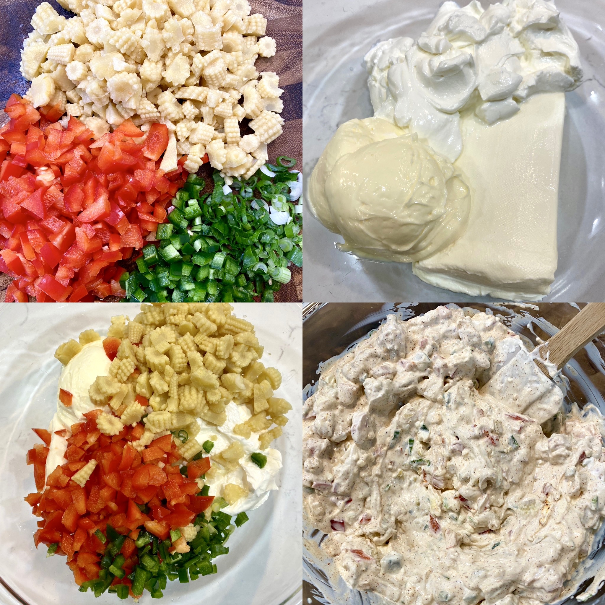 ingredients for corn dip.  Peppers, baby corn, mayonnaise, cream cheese and sour cream.