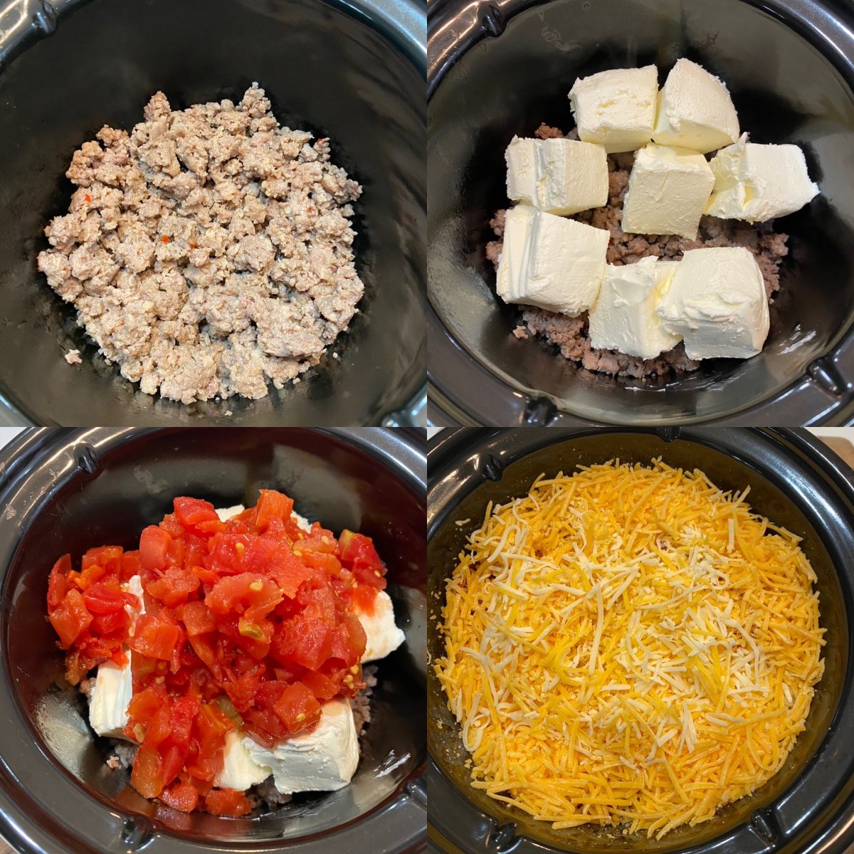 a grid photo of ingredients for dip in a crockpot.  sausage, cream cheese, rotel and shredded cheese. 