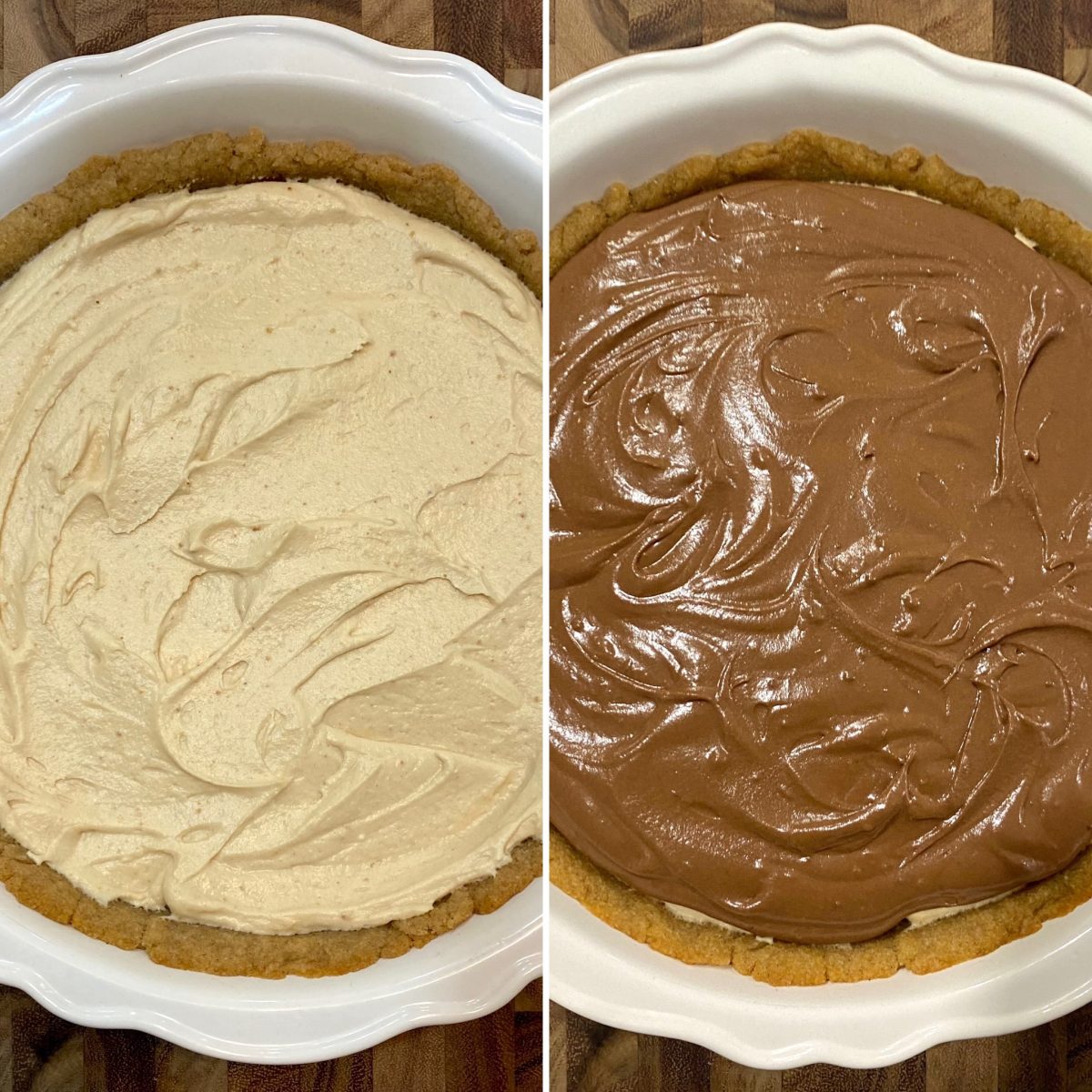 two photos. the peanut butter and the chocolate layer of the pie, side by side.