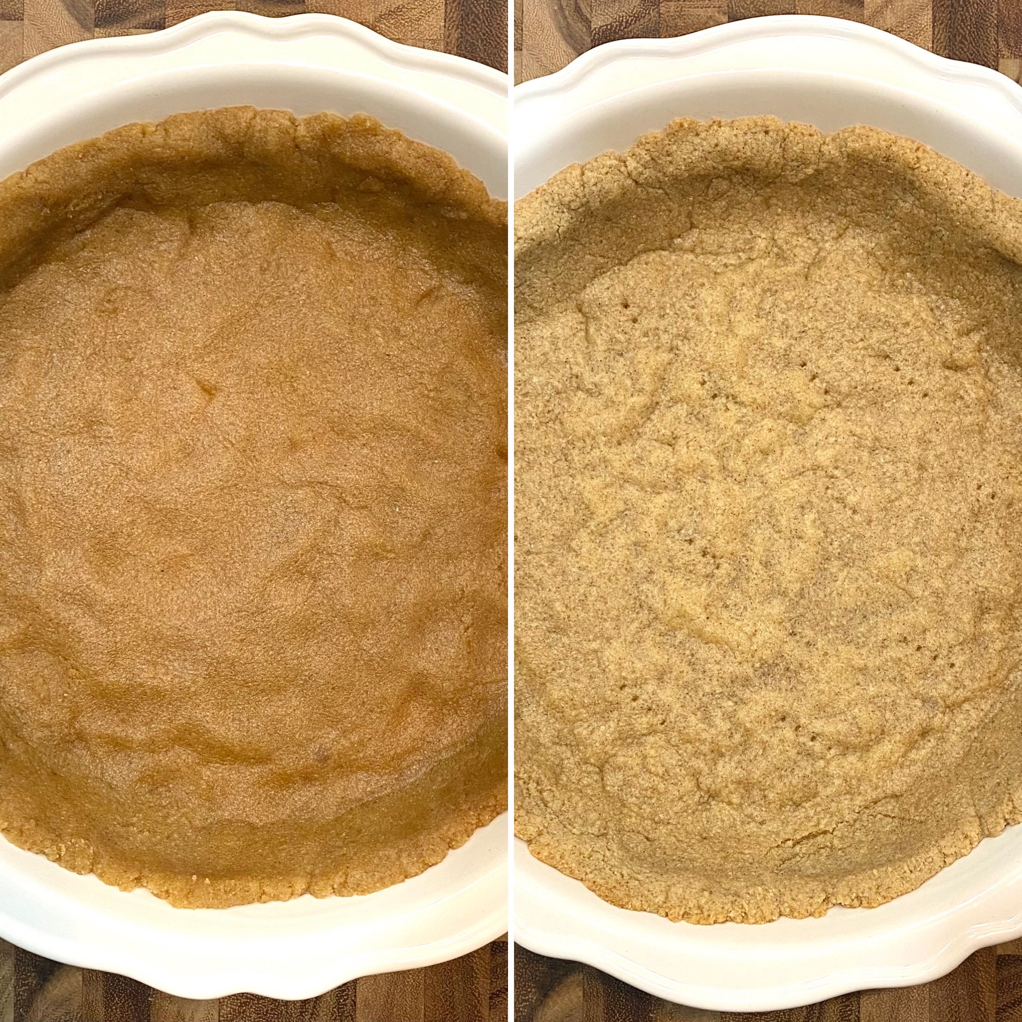 side by side collage of pie crust. Left photo is uncooked crust. right photo is cook crust. The crust is in a white ceramic pie plate.