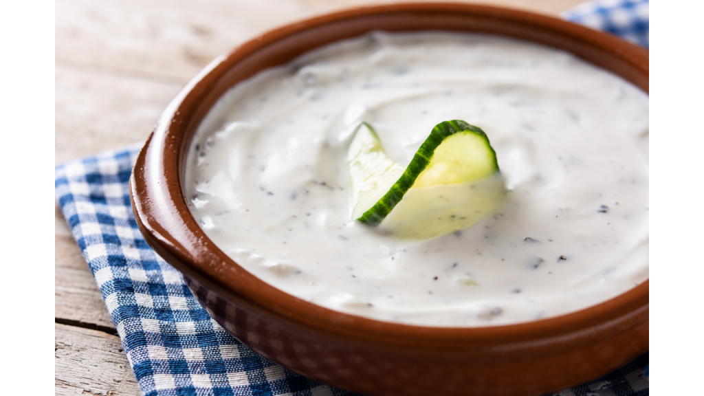 Greek yogurt dip in a brown bow.