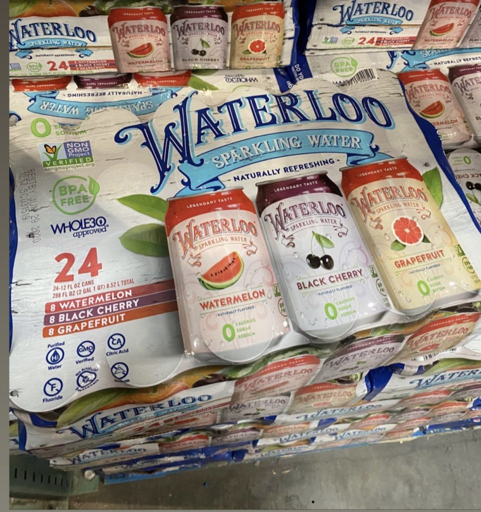 Sparkling Water in package on shelf at Costco.
