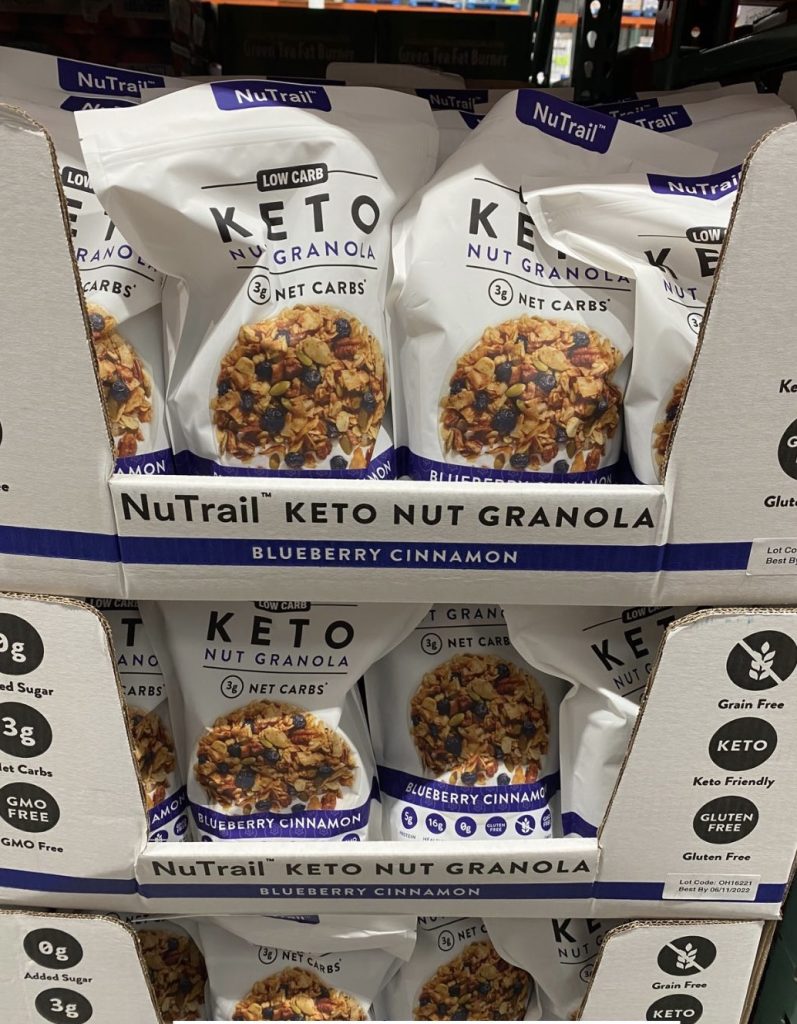 Bags of keto granola on store shelf.