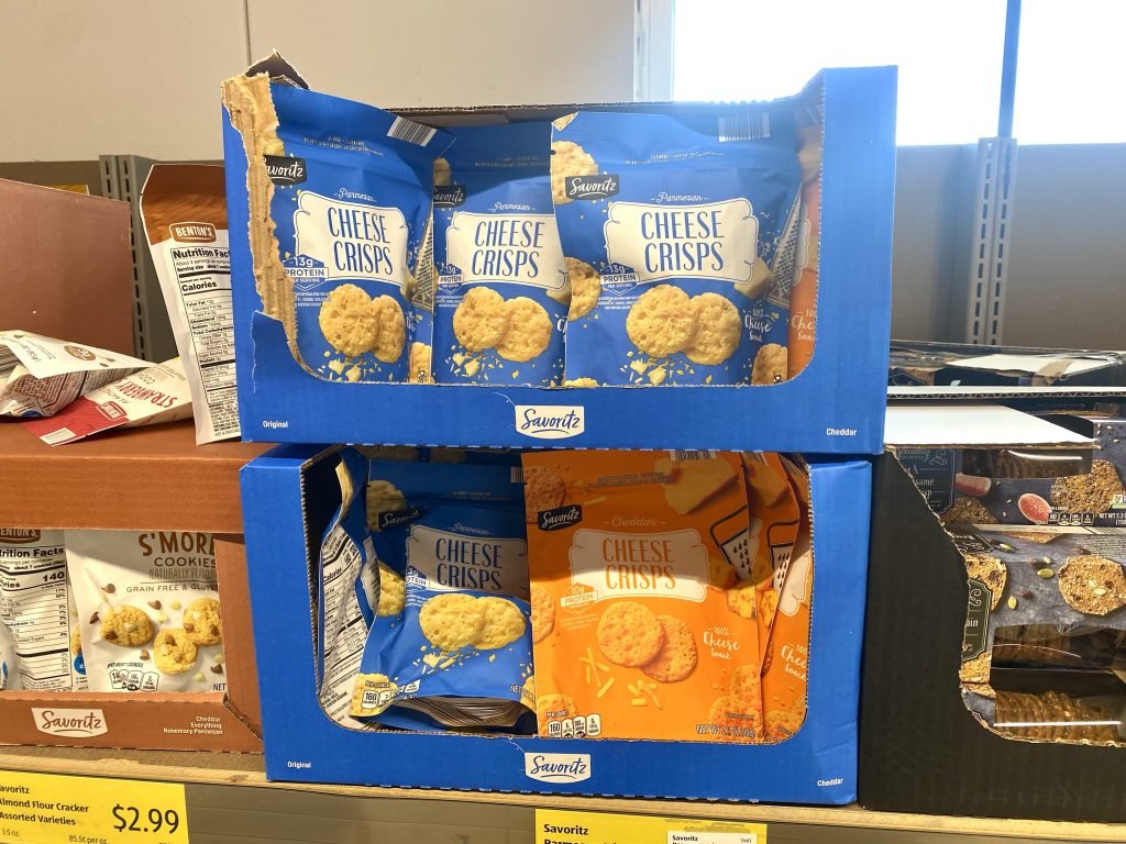 aldi cheese crisps on shelf.