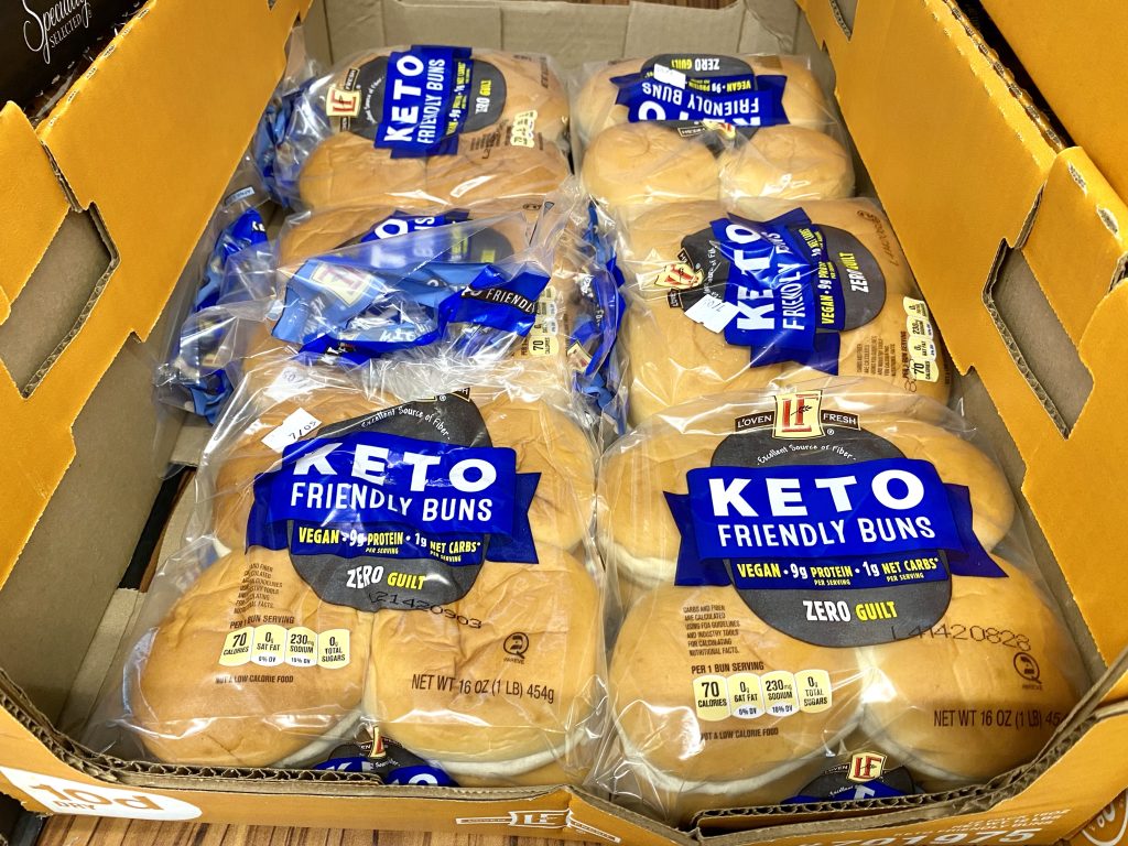 Keto hamburger buns on store shelf.
