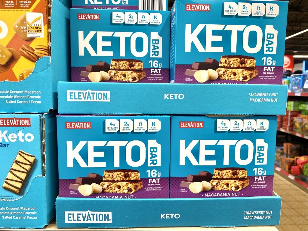 Keto bars on shelf at store.