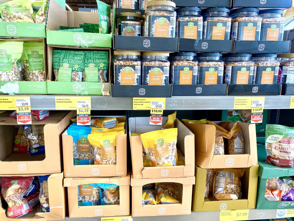 Packages of nuts at grocery store.