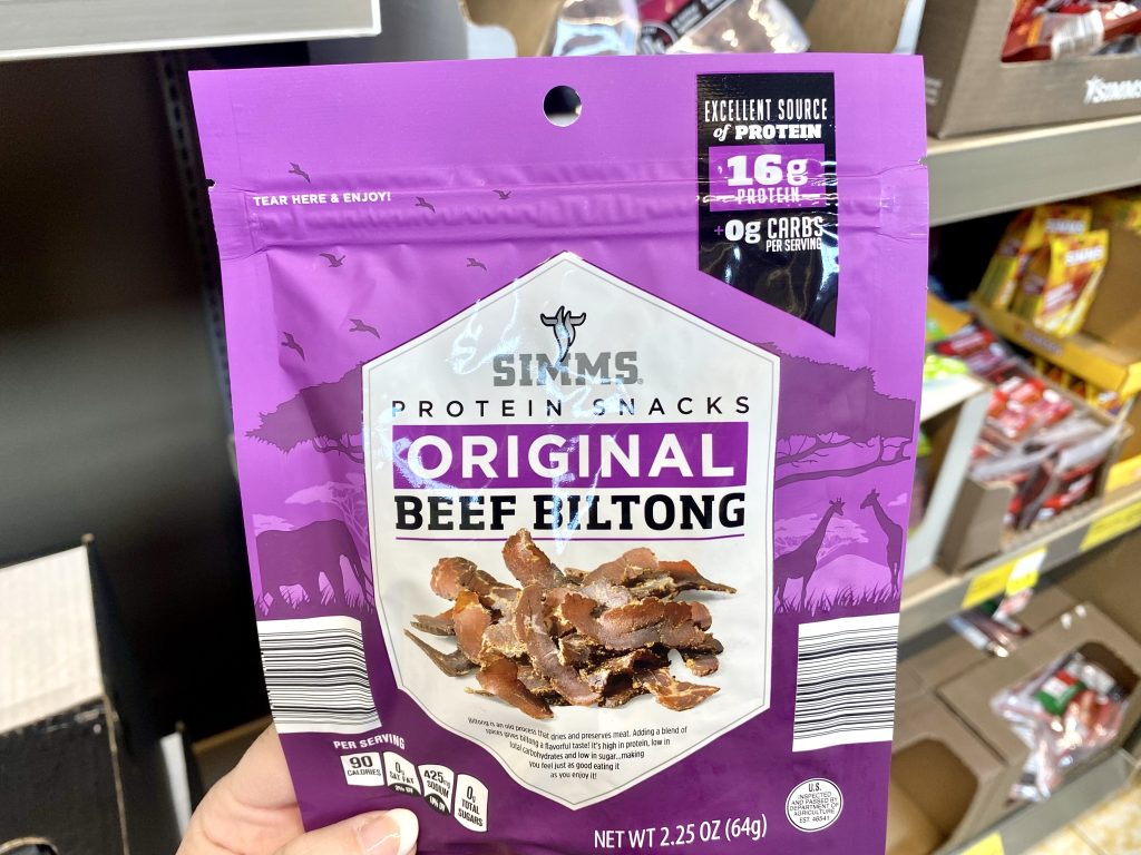 package of beef jerky at store.