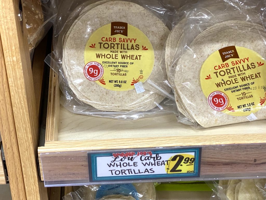 Low carb tortillas on grocery store shelf.