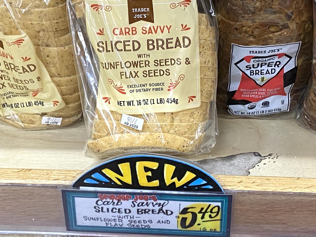 Low carb bread on shelf at grocery store.
