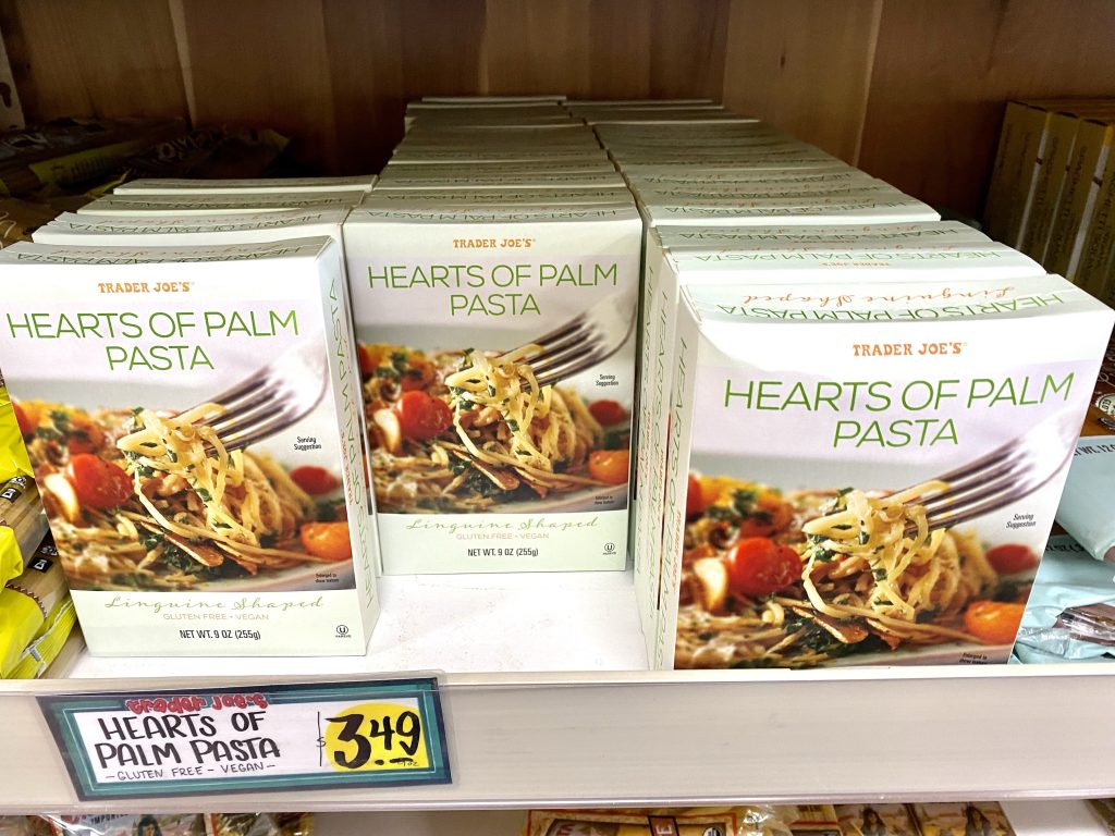 Hearts of palm pasta on grocery store shelf.