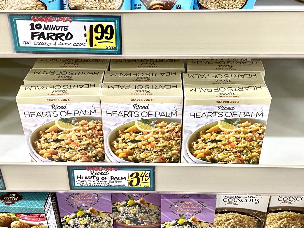 Hearts of palm rice on grocery store shelf.