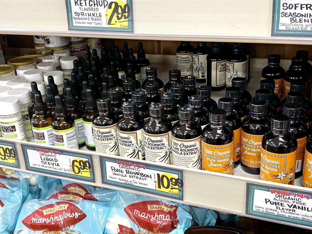 Stevia and vanilla on grocery store shelf.