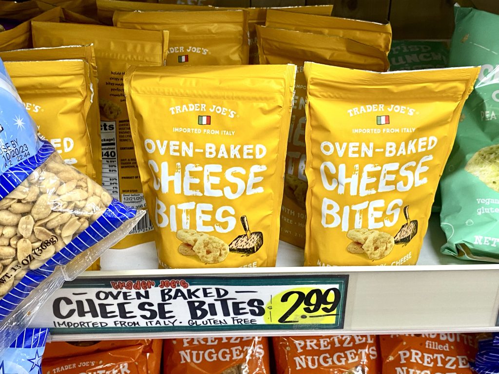 Trader Joe's Cheese crisps in package on store shelf.