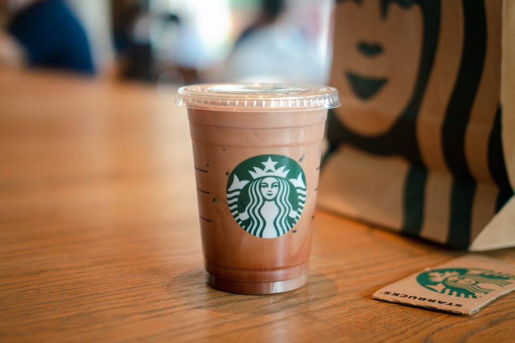 Starbucks iced coffee on a wood table.