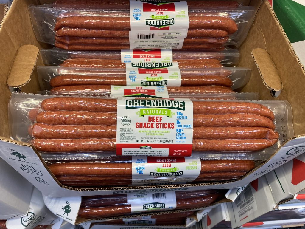 uncured beef sticks on grocery shelf.