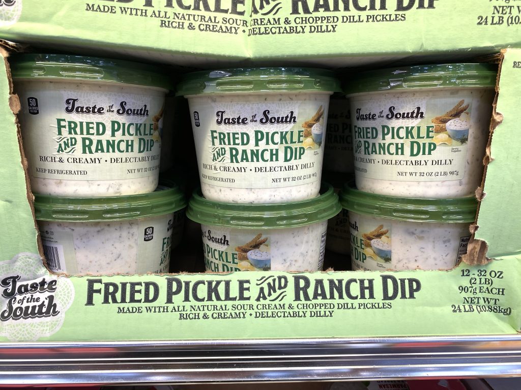 Dill pickle dip on grocery shelf.