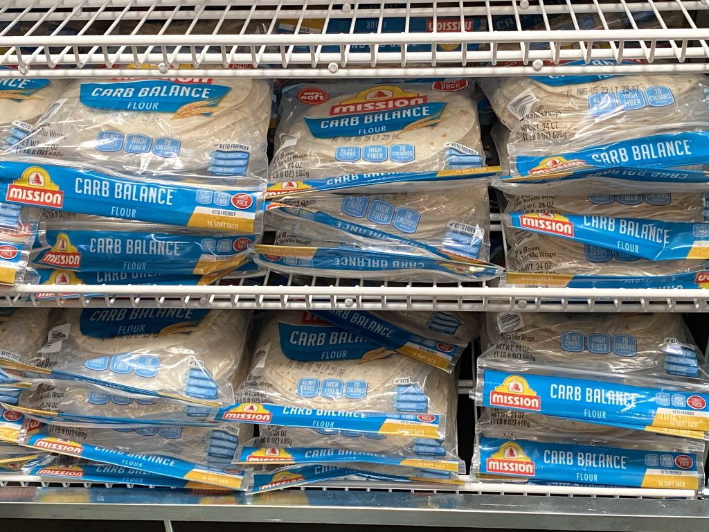 Low Carb tortillas on grocery shelf.