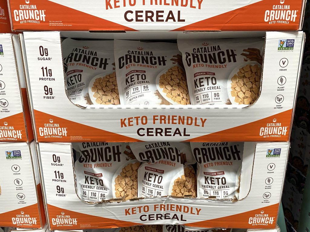 Keto cereal on grocery store shelf.