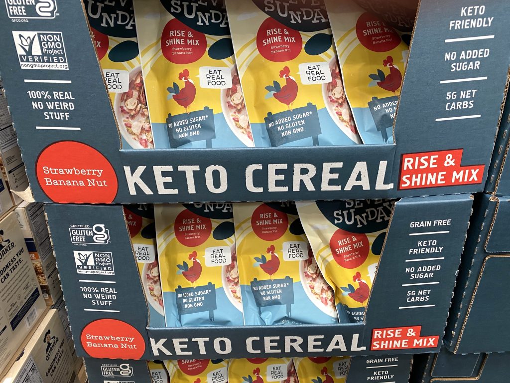 Keto cereal on store shelf.