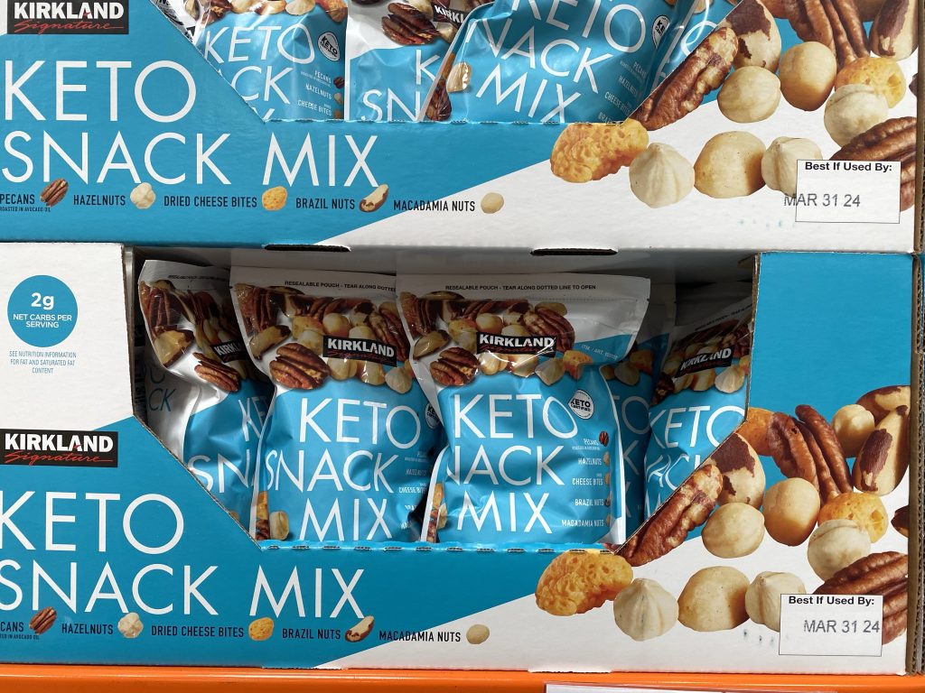 Keto snack mix on shelf at grocery.
