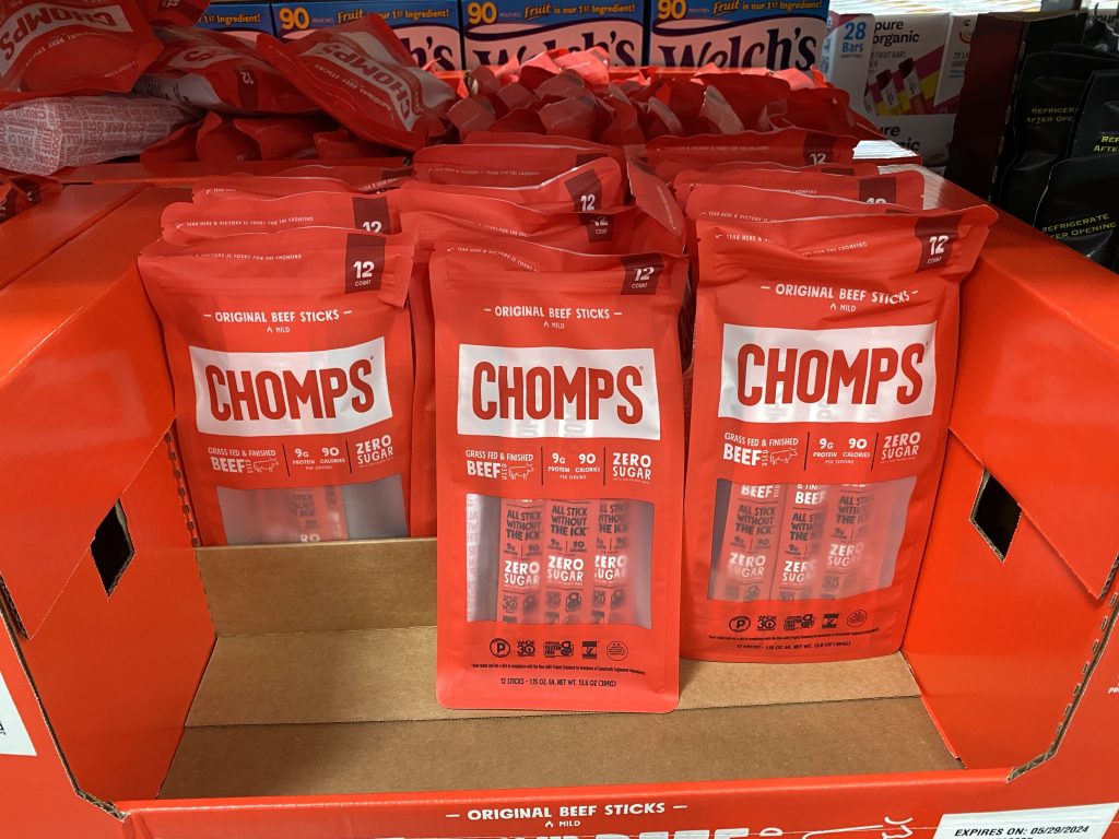 Meat snacks on shelf at Costco.