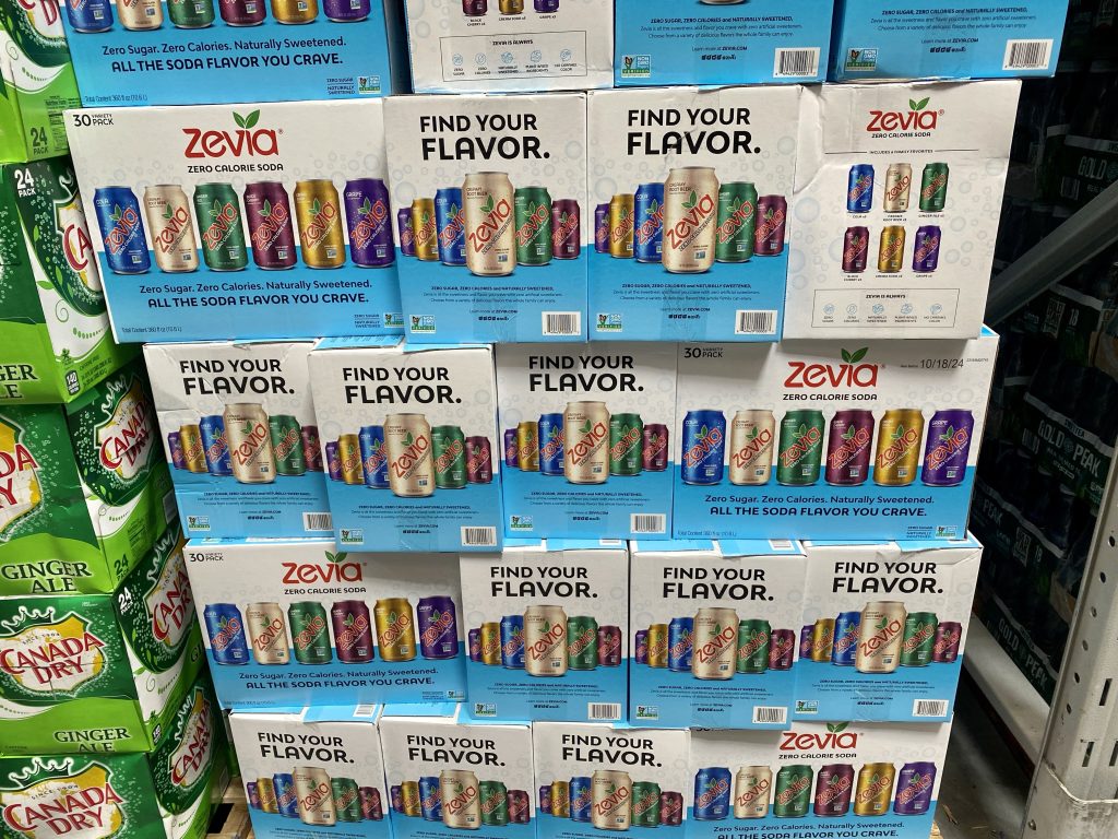 Zevia sodas on grocery shelf.