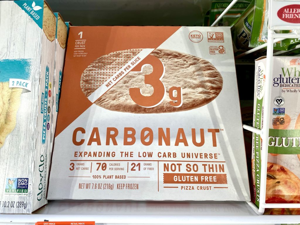 Low carb pizza crust in the freezer section of the grocery store.