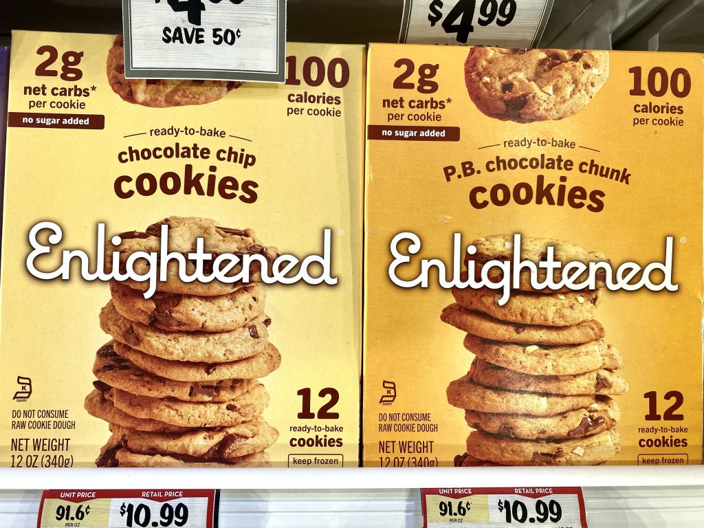 Enlightened cookies in the freezer case at grocery store.