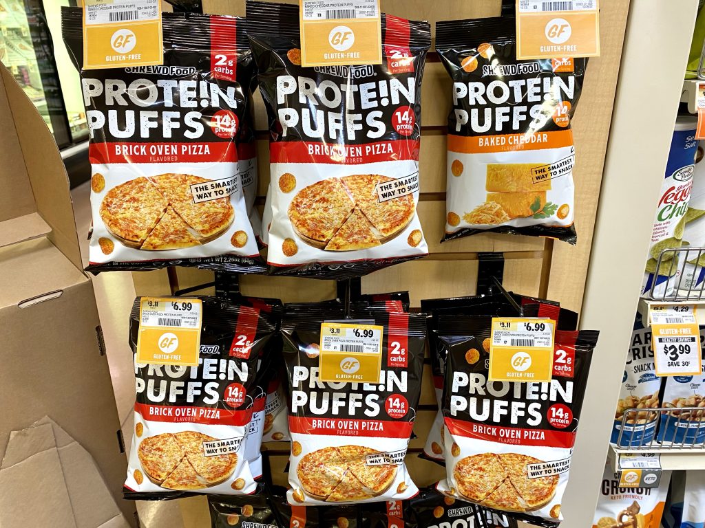 packages of Proten puffs on store shelf.