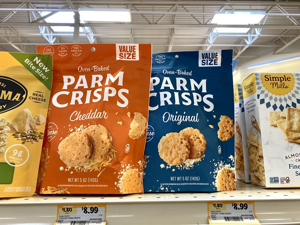 parmesan cheese crisps on a grocery shelf.