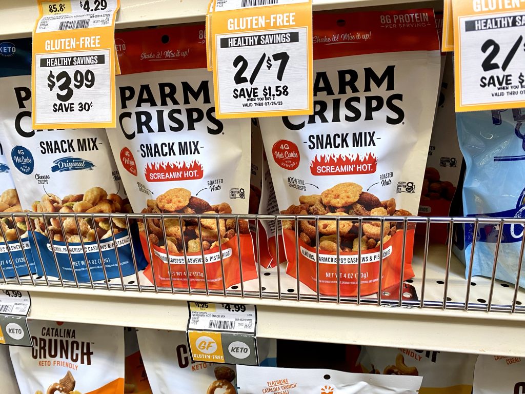 Parm crisp snack mix on store shelf.