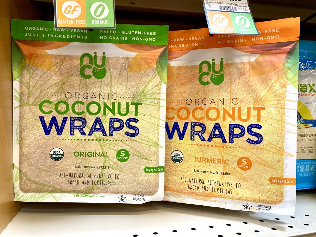 coconut wraps on store shelf.