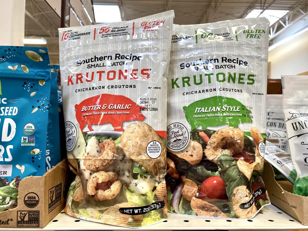 krutones pork rind croutons on grocery shelf.