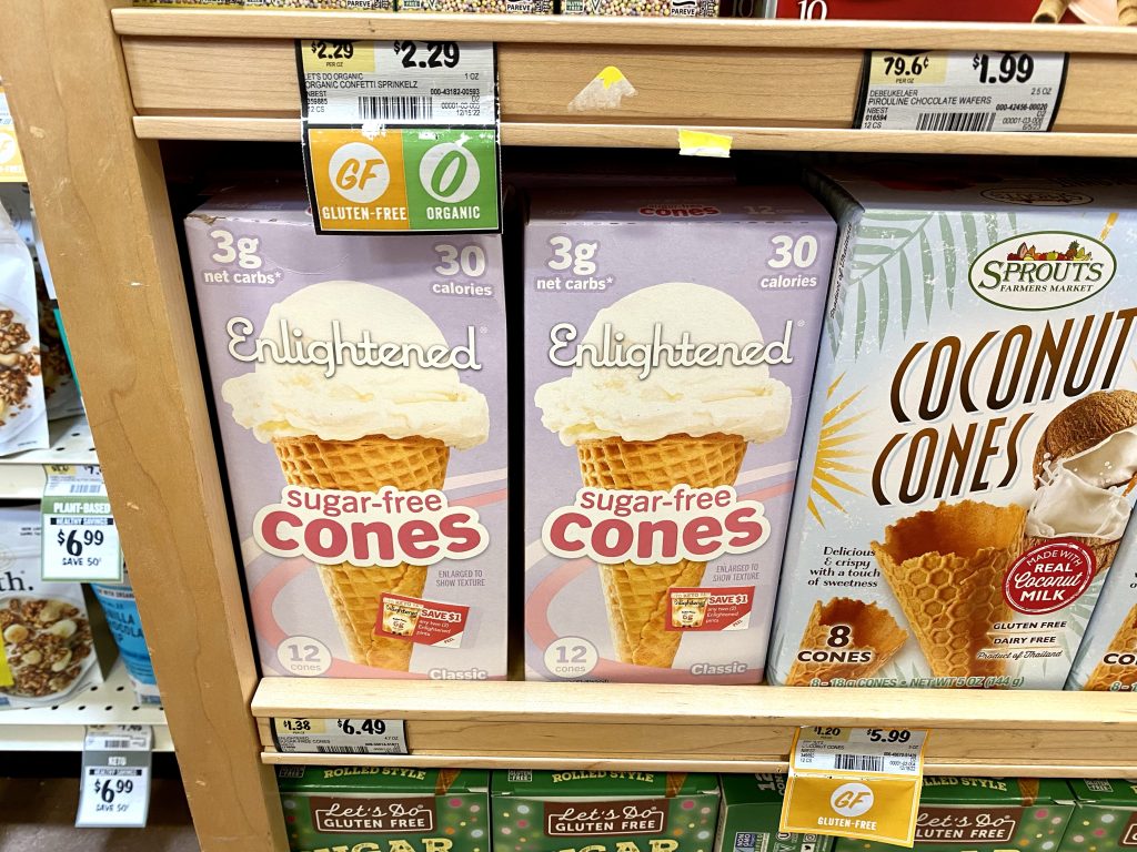 Low carb ice cream cones on store shelf.