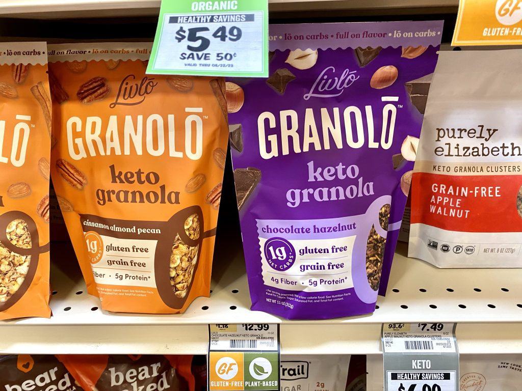 package of keto granola on store shelf.