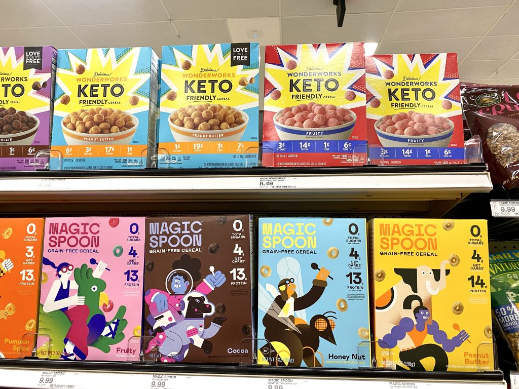 Low Carb Cereal boxes on store shelf.