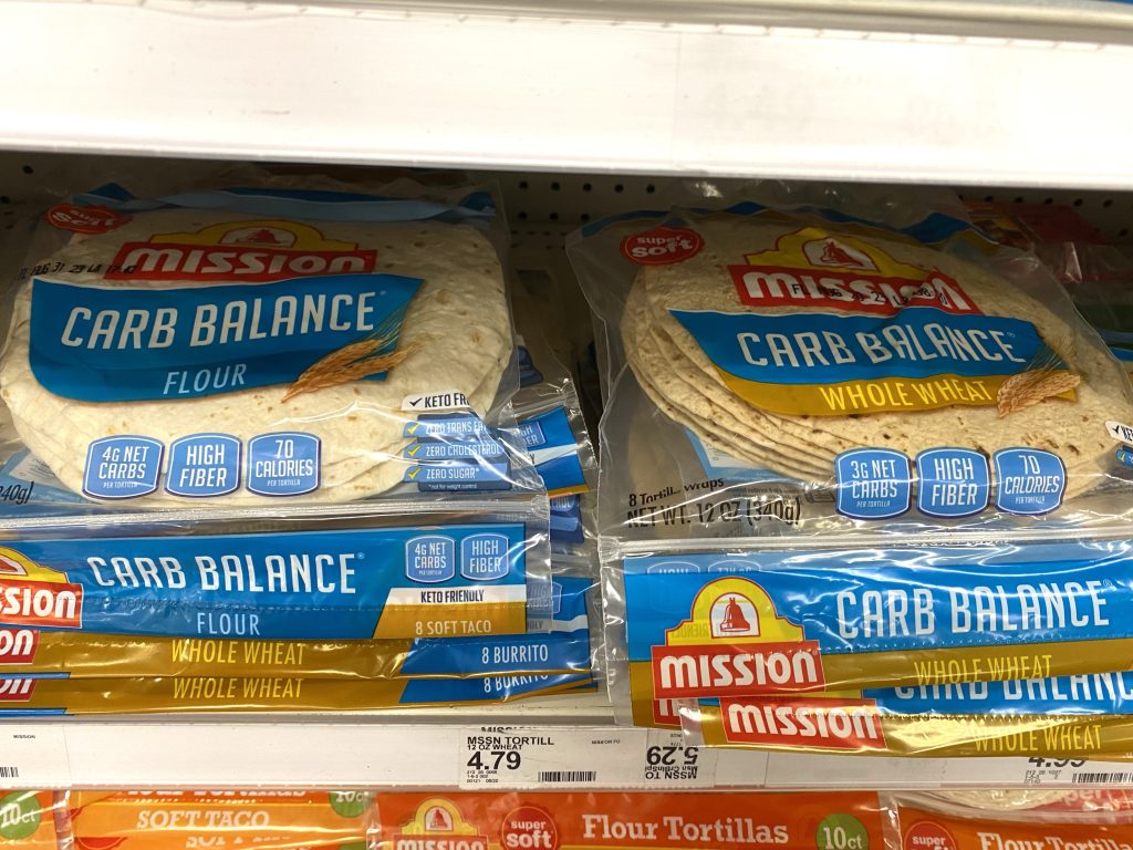 Low Carb tortillas on store shelf.
