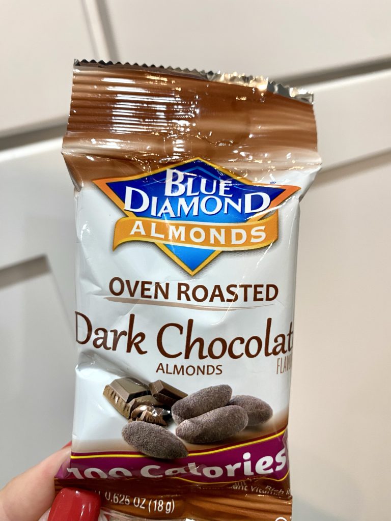 a snack pack of blue diamond dark chocolate almonds.