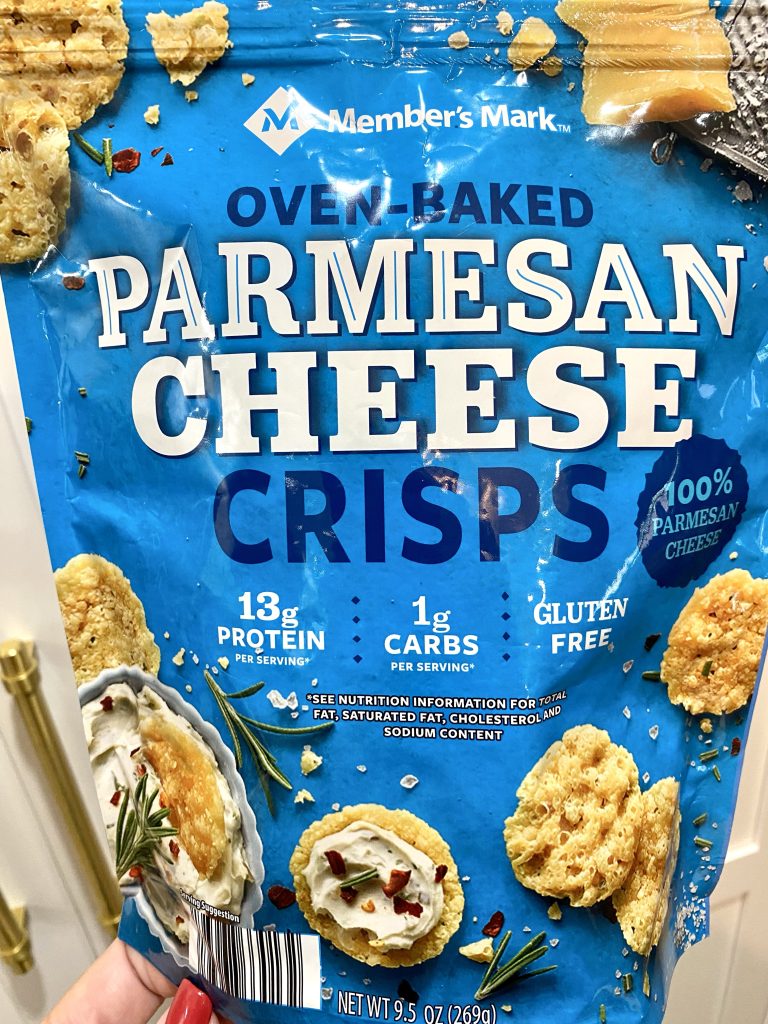 A bag of members mark parmesan cheese crisps.