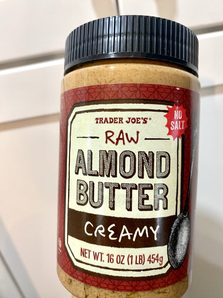 A jar of trader joe's raw almond butter.