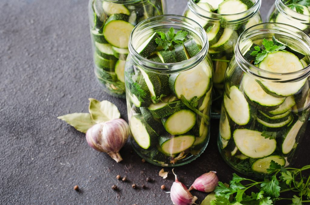 Jars of pickled zucchini.