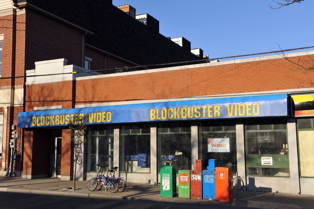 The front of a blockbuster video store.