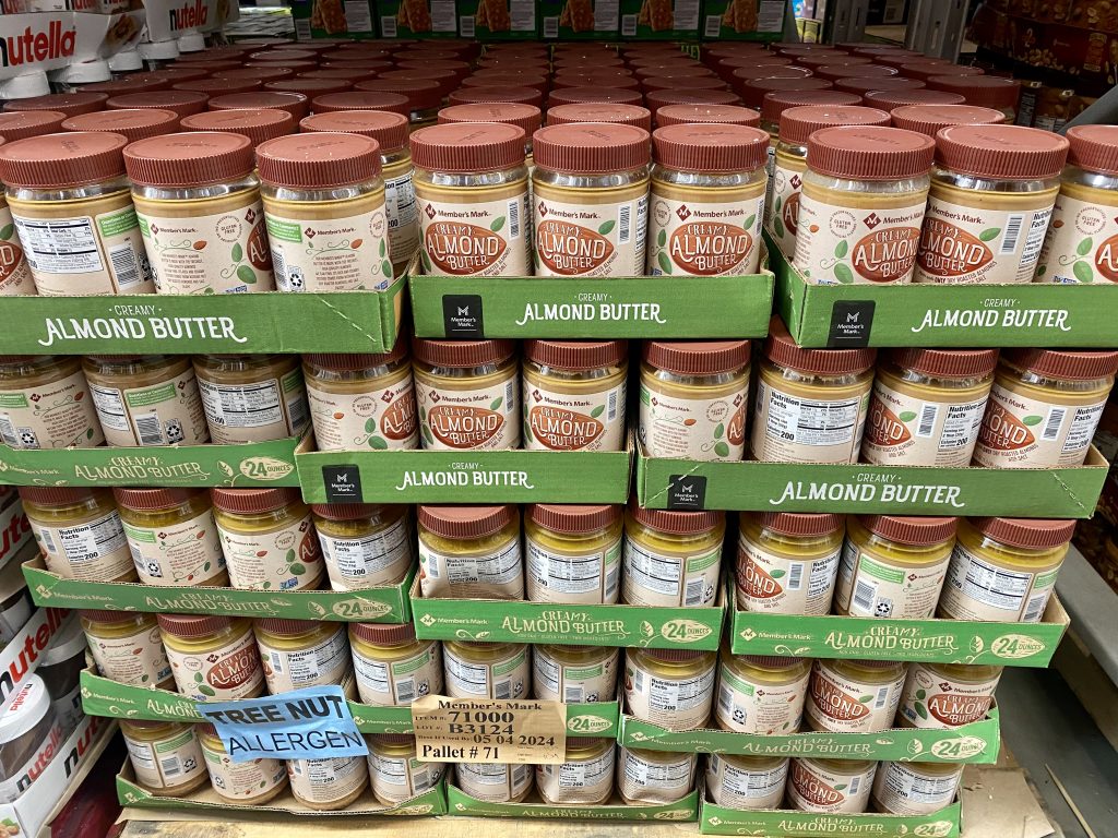 Crates of Almond butter at Sam's Club