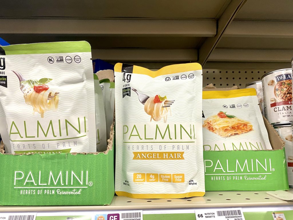 Low carb hearts of palm noodles on store shelf.