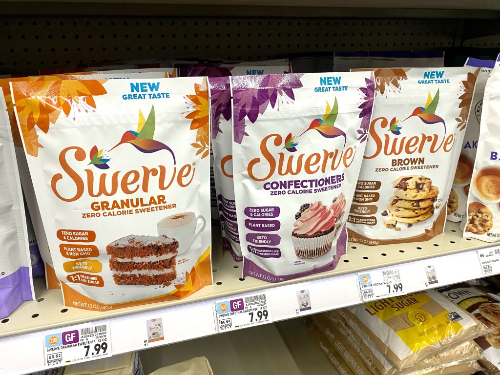 Bags of zero sugar sweetener on store shelf.