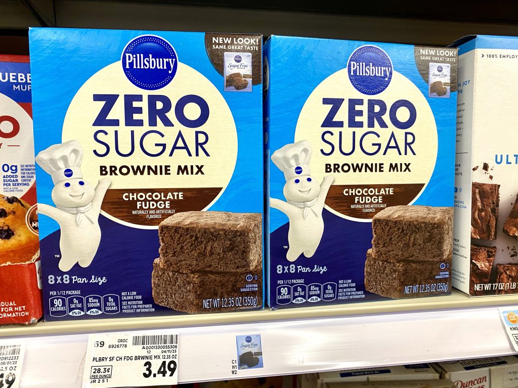 Boxes of zero sugar baking mix on store shelf.